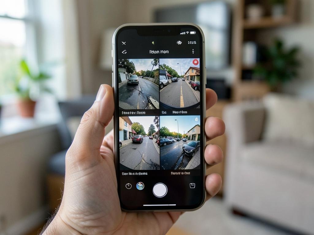 Celular exibindo quatro câmeras de segurança ao vivo em um aplicativo