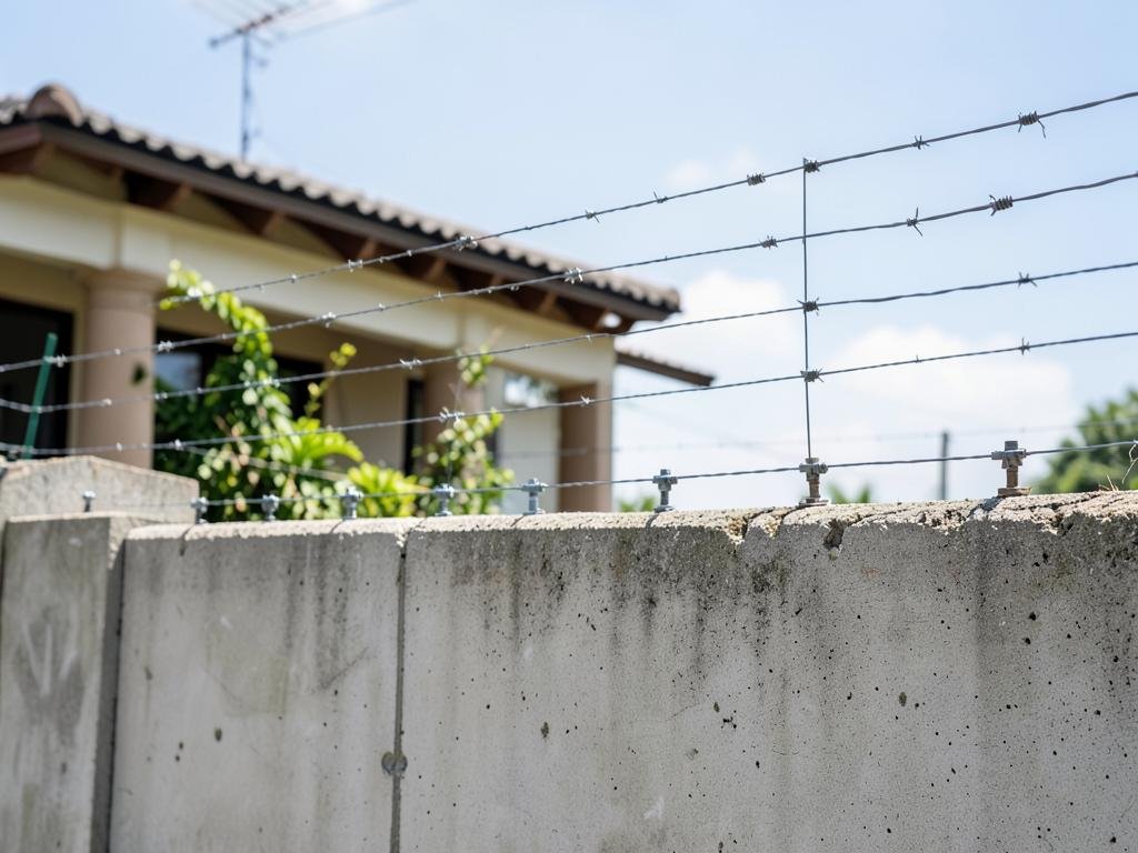 Fios de cerca elétrica instalados sobre o muro de uma residência